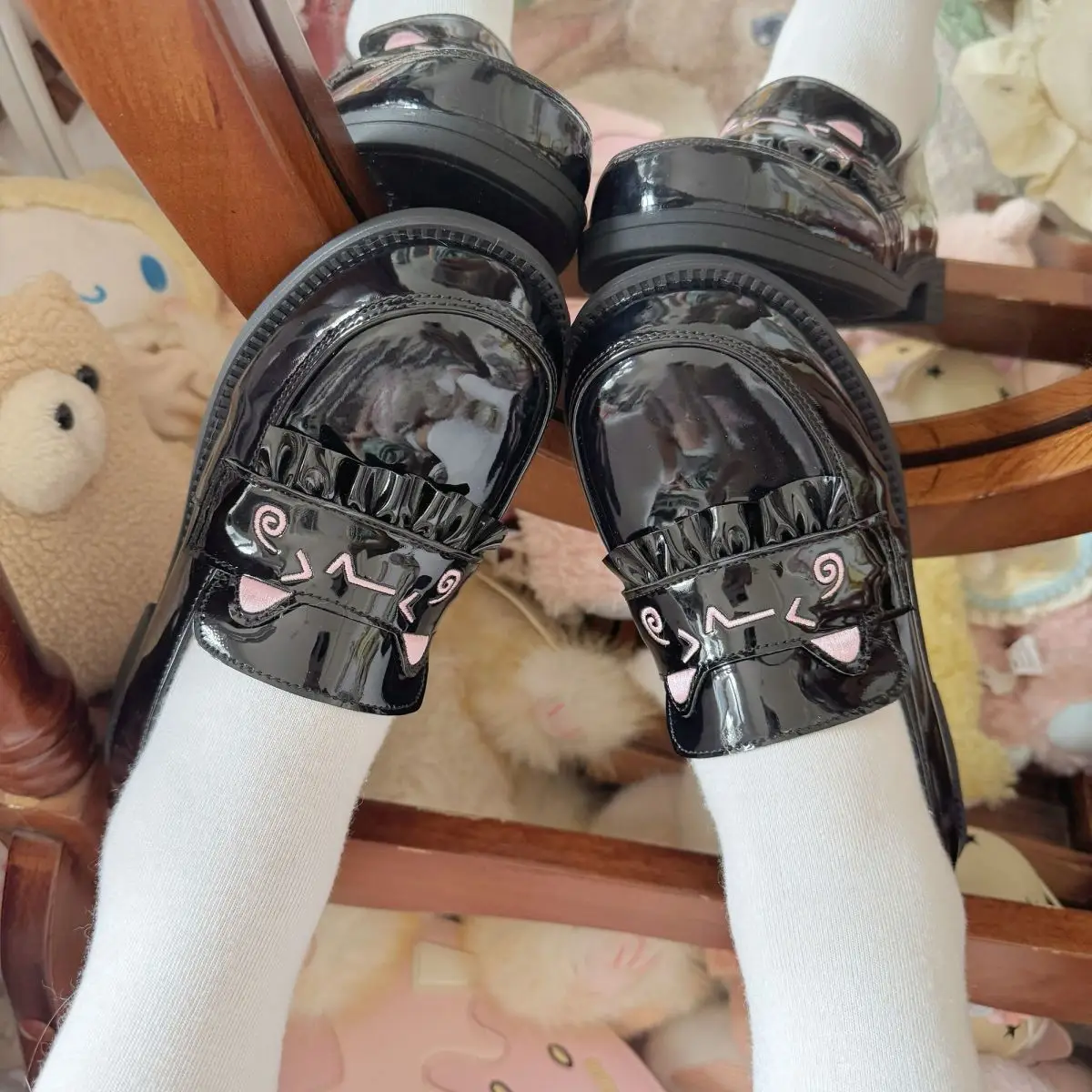 Kitten Embroidered Jk Shoes Black Brown Sweet Thick Sole — feature 12