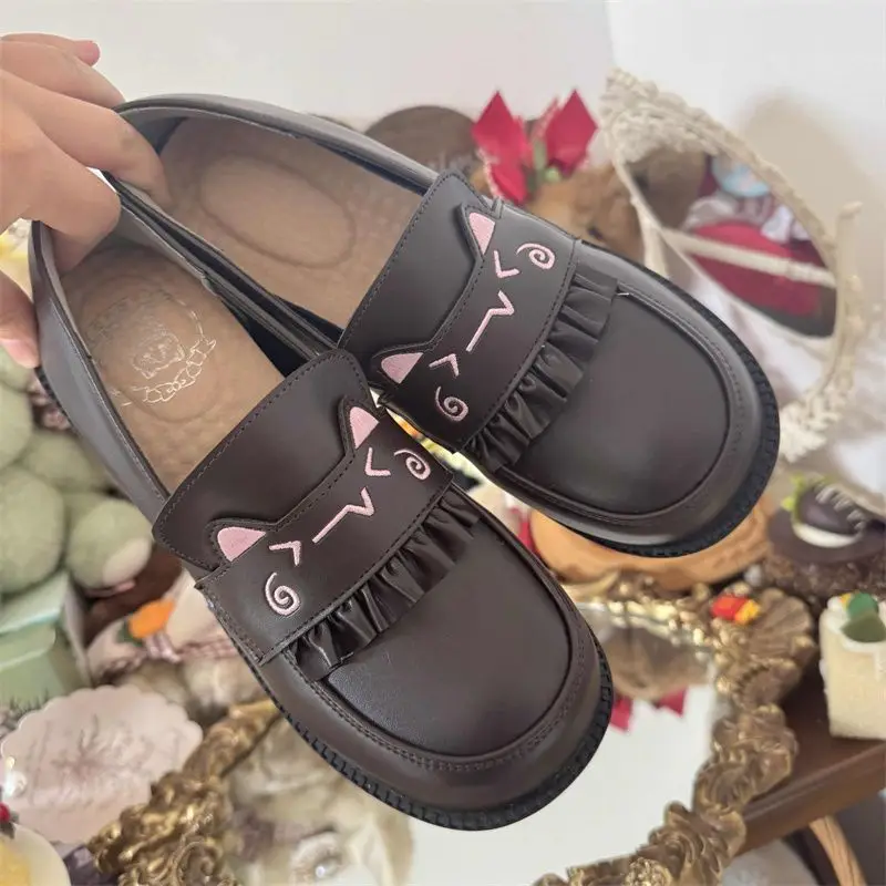 Kitten Embroidered Jk Shoes Black Brown Sweet Thick Sole — feature 3
