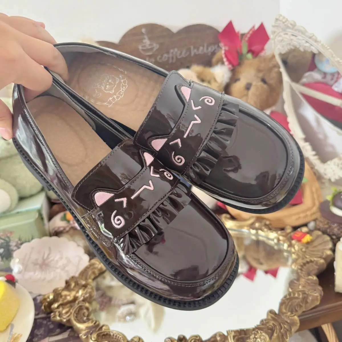 Kitten Embroidered Jk Shoes Black Brown Sweet Thick Sole — feature 9