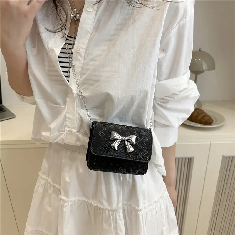 White Korean Style Mini Bag with Bow Chain - Image 7