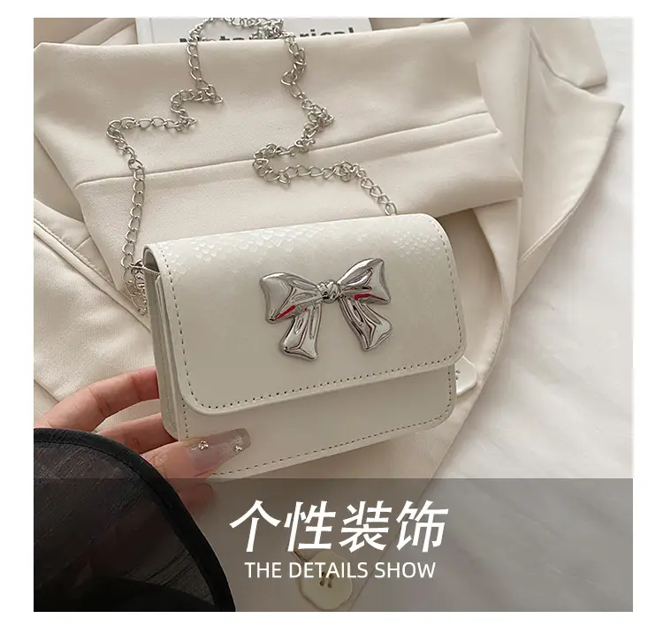 White Korean Style Mini Bag with Bow Chain — feature 6