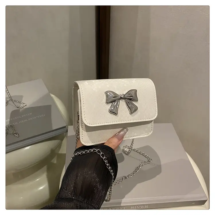 White Korean Style Mini Bag with Bow Chain - Image 2