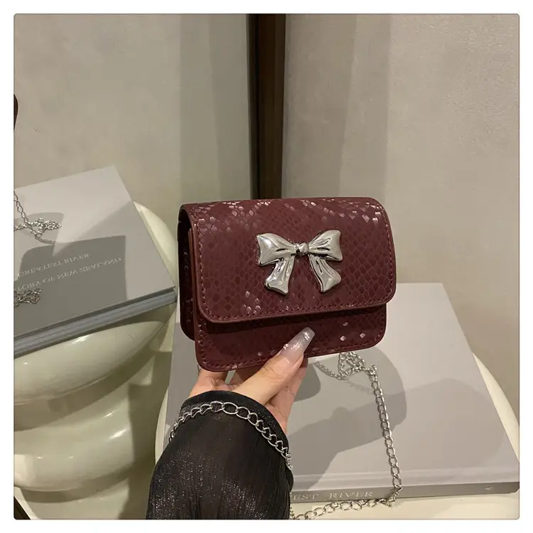 White Korean Style Mini Bag with Bow Chain - Image 3