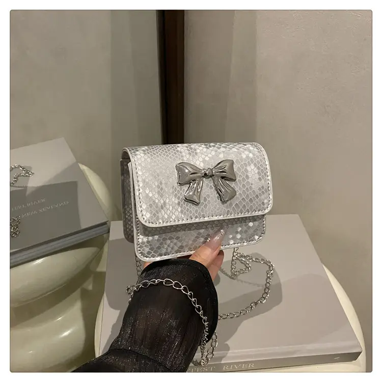 White Korean Style Mini Bag with Bow Chain - Image 4