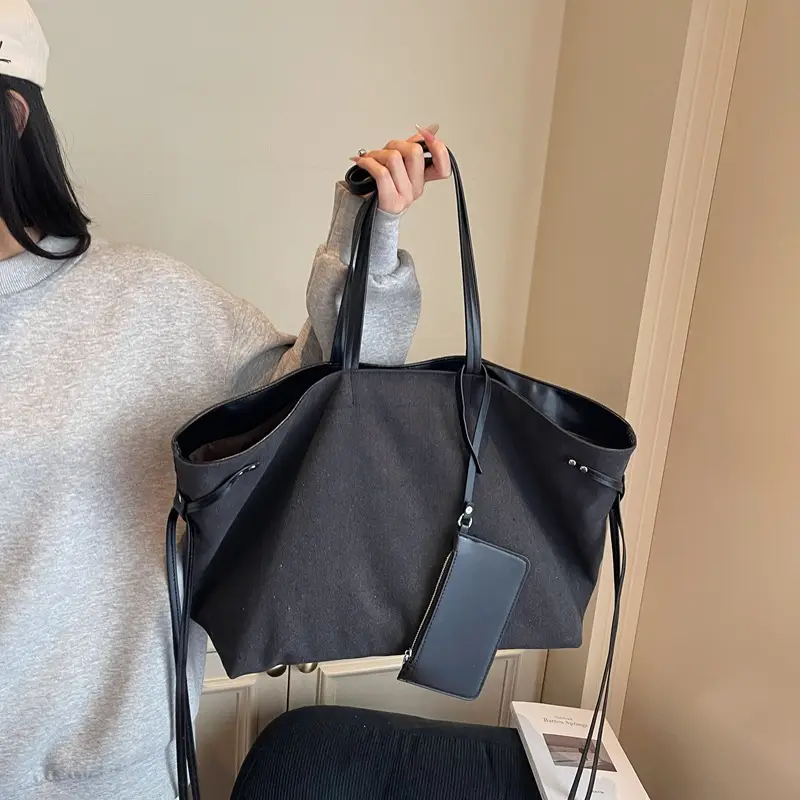 2026 Canvas Shoulder Bag for Women, Large Capacity, Contrasting Beige Black - Image 5