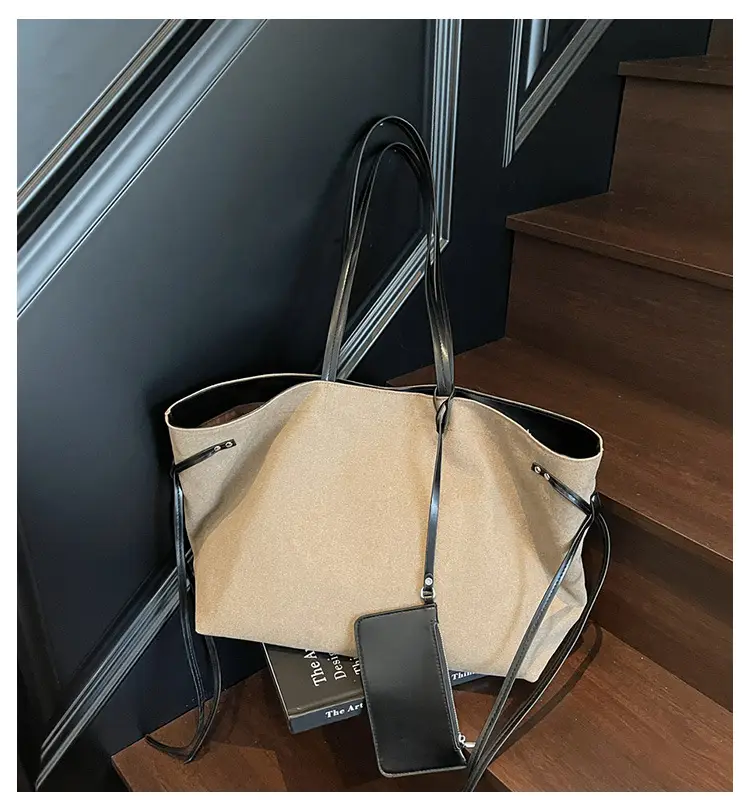 2026 Canvas Shoulder Bag for Women, Large Capacity, Contrasting Beige Black — feature 1