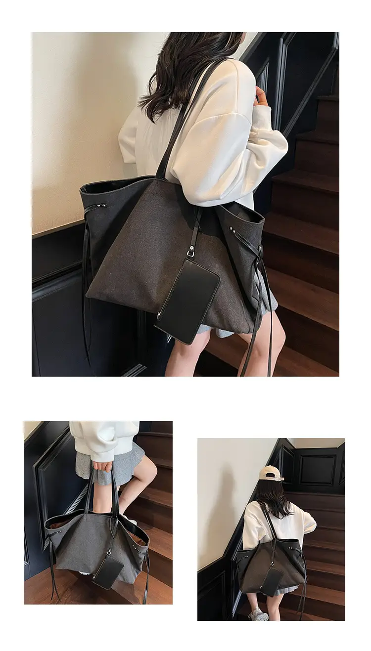 2026 Canvas Shoulder Bag for Women, Large Capacity, Contrasting Beige Black — feature 5