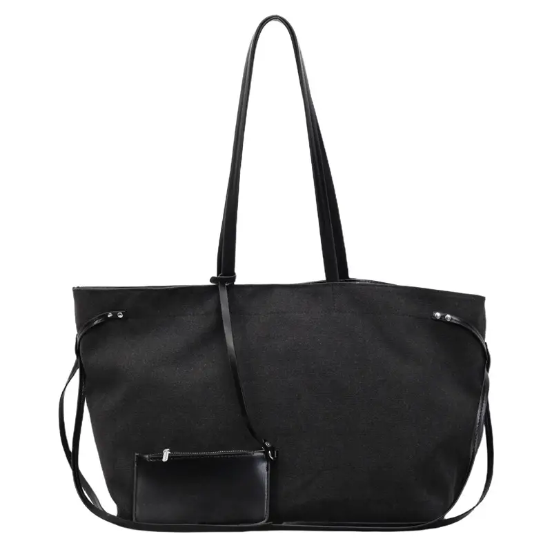 2026 Canvas Shoulder Bag for Women, Large Capacity, Contrasting Beige Black - Image 2