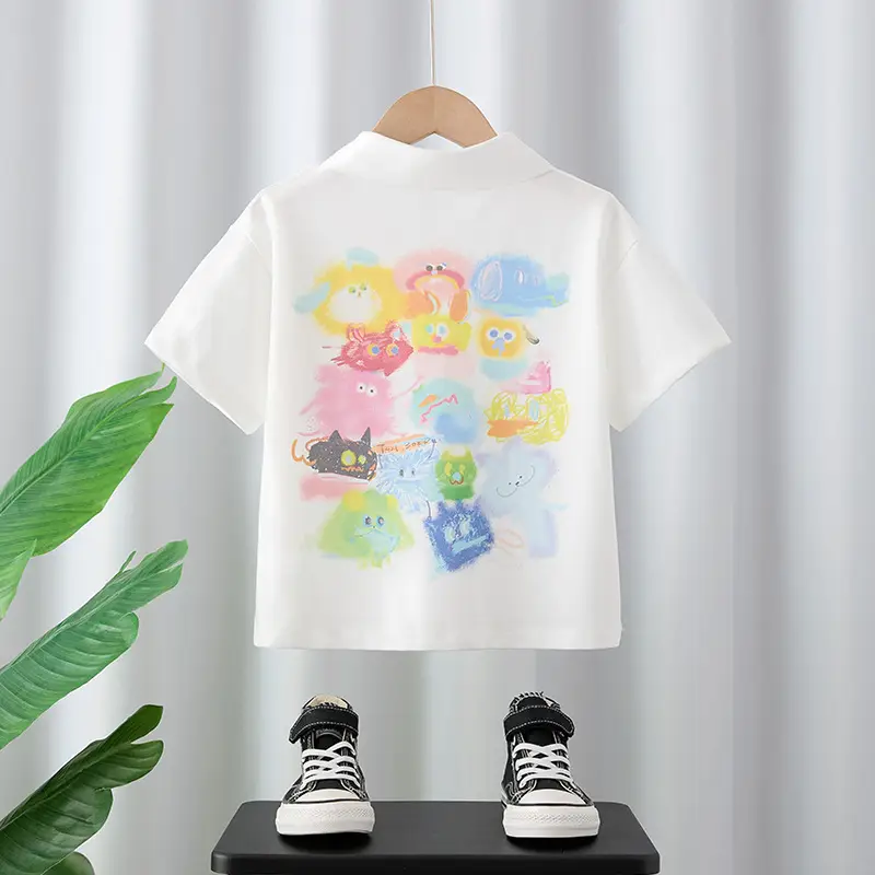 Boys Pure Cotton Cartoon Lapel T-Shirt White - Image 2