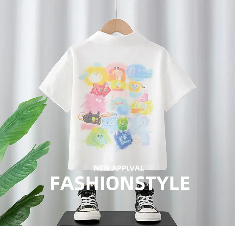 Boys Pure Cotton Cartoon Lapel T-Shirt White — feature 1