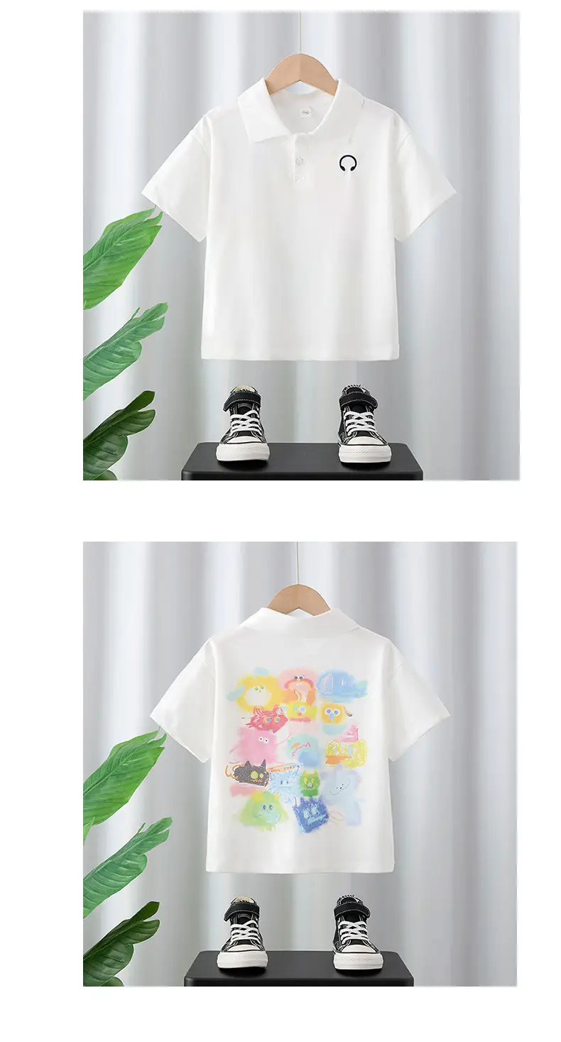 Boys Pure Cotton Cartoon Lapel T-Shirt White — feature 7