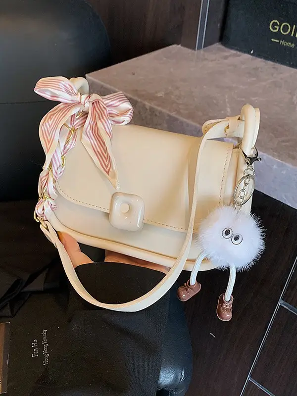 Women's Crossbody Bag Beige Bow Pom Pom - Image 4