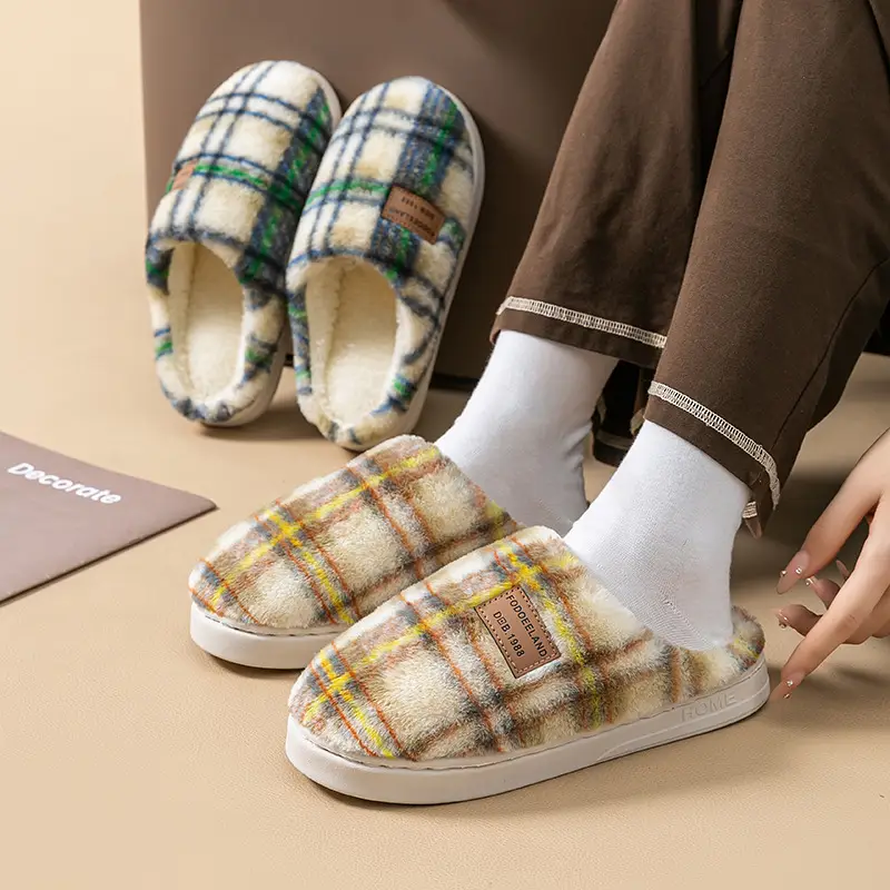 Color-Blocked Cotton Slippers for Men in Autumn and Winter, Indoor Home Thick-Soled Fleece-Lined Warm Couple Confinement Slippers for Women - Image 6