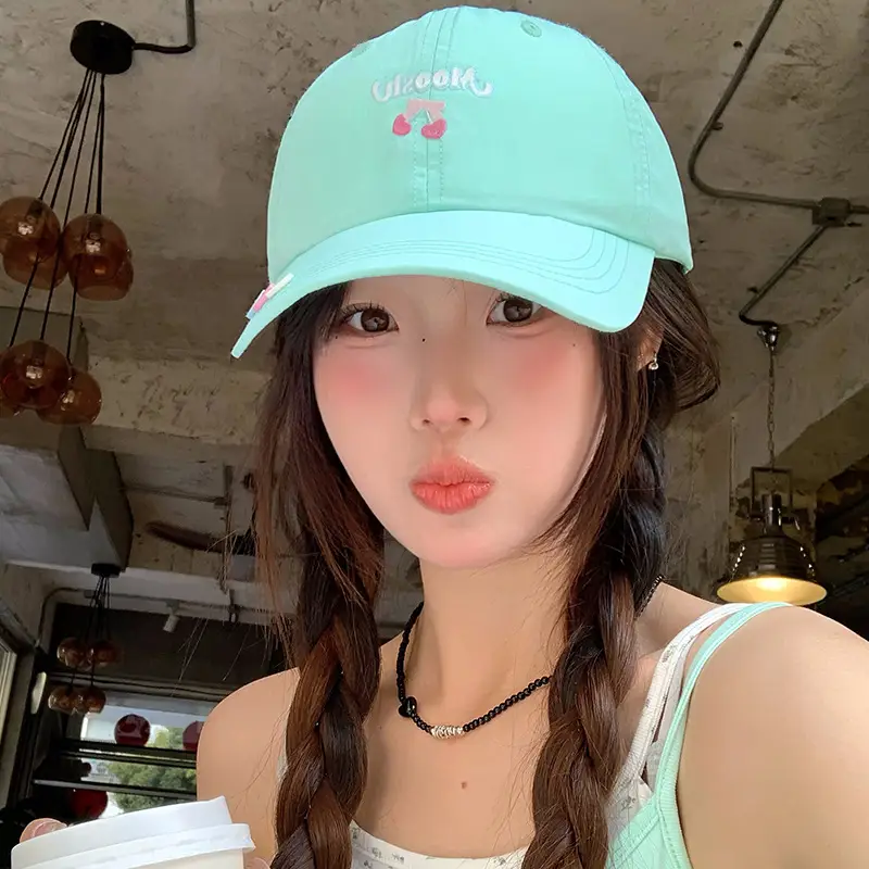 Mint Green Cherry Embroidered Women's Baseball Cap