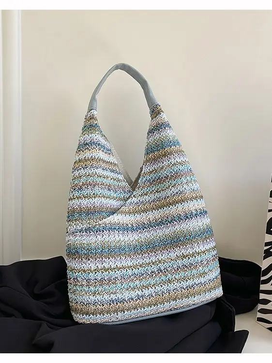 Woven Striped Shoulder Bag for Women Large Capacity - Image 5