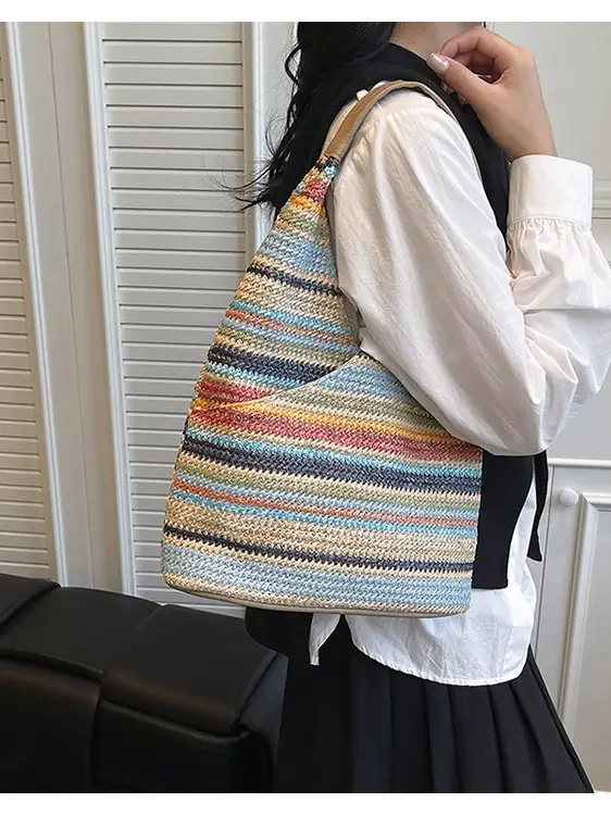 Woven Striped Shoulder Bag for Women Large Capacity - Image 6