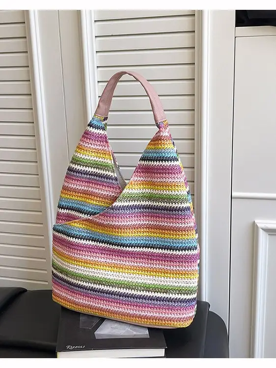 Woven Striped Shoulder Bag for Women Large Capacity - Image 8