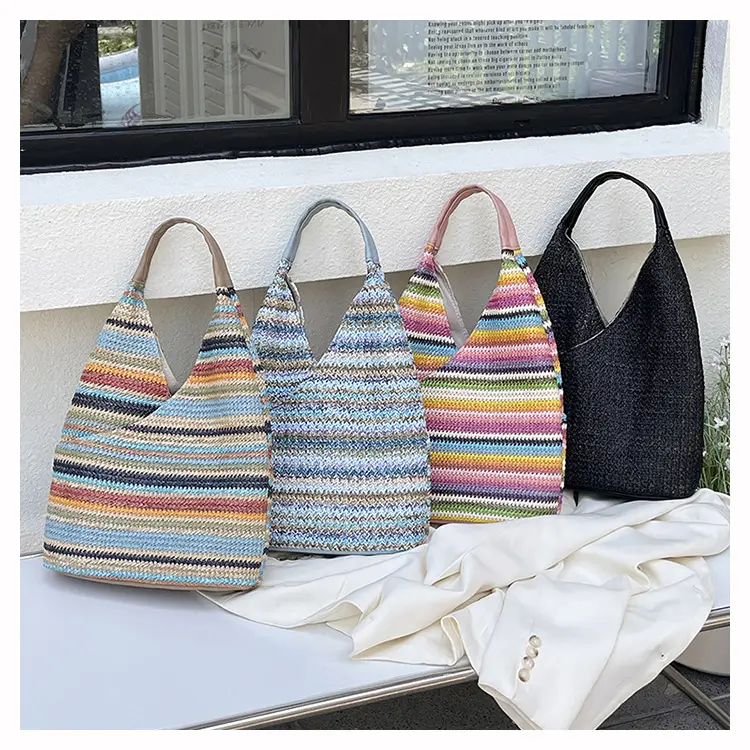 Woven Striped Shoulder Bag for Women Large Capacity — feature 1