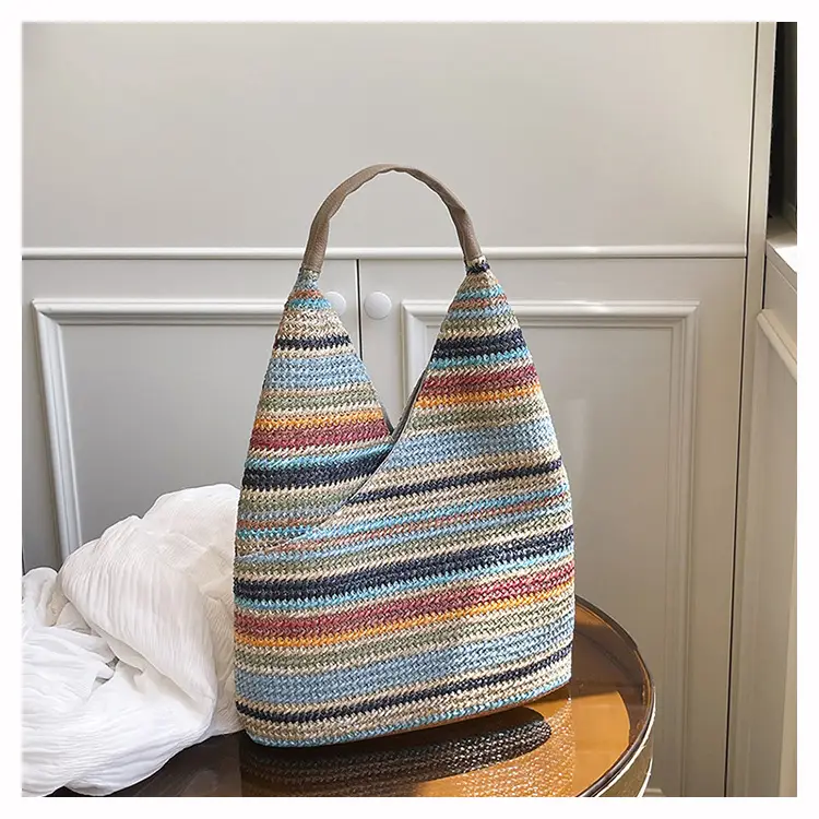Woven Striped Shoulder Bag for Women Large Capacity - Image 3