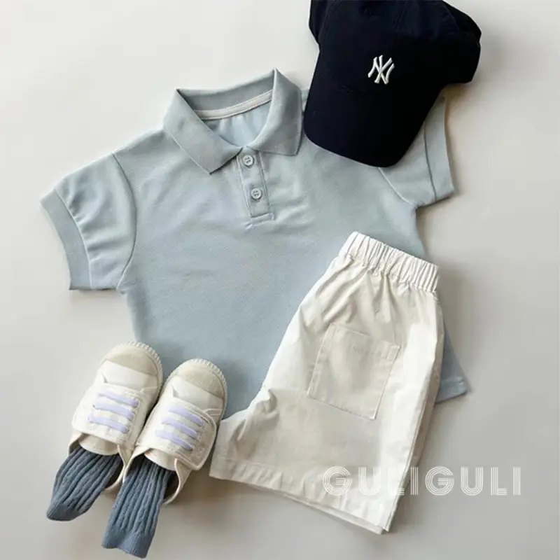 Kids Summer T-Shirt Shorts Set Light Blue White - Image 4