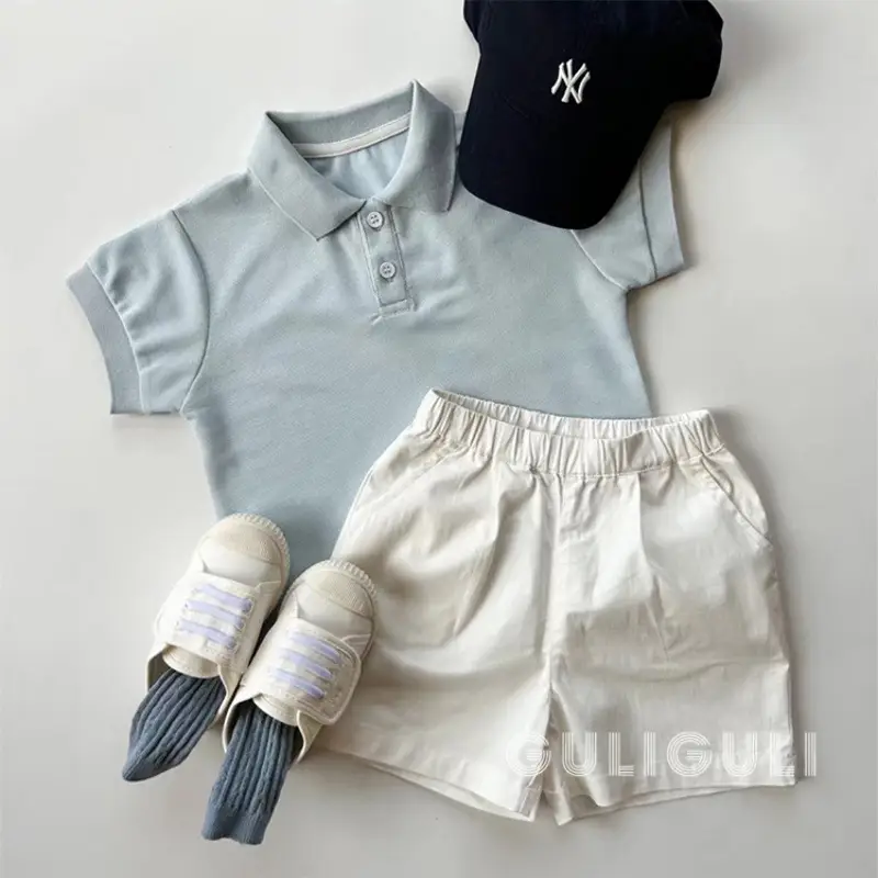 Kids Summer T-Shirt Shorts Set Light Blue White - Image 3