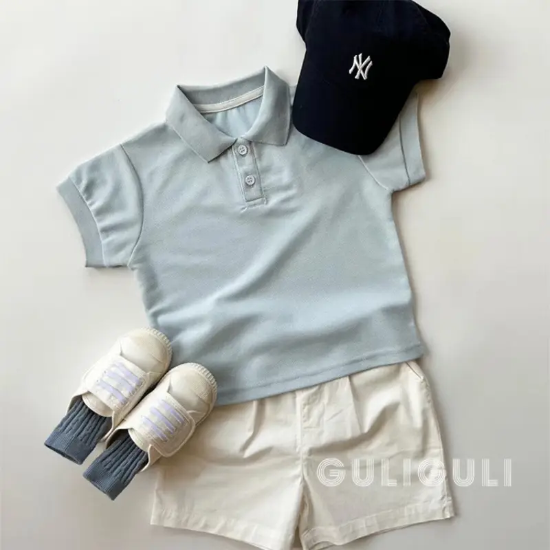Kids Summer T-Shirt Shorts Set Light Blue White - Image 2
