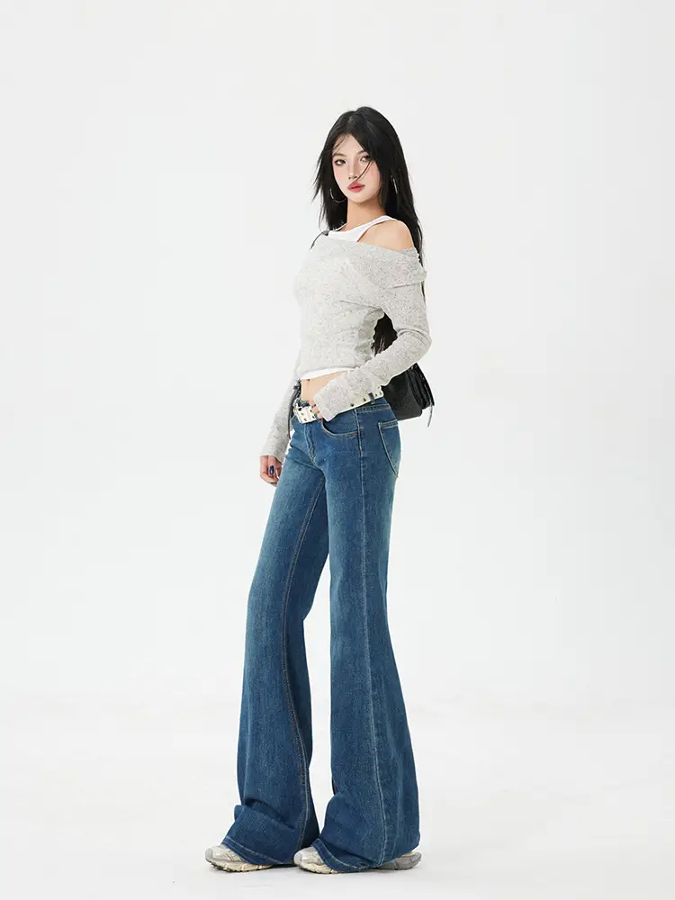 Dark Blue Flared Jeans for Women New Autumn Low Rise Slim Fit