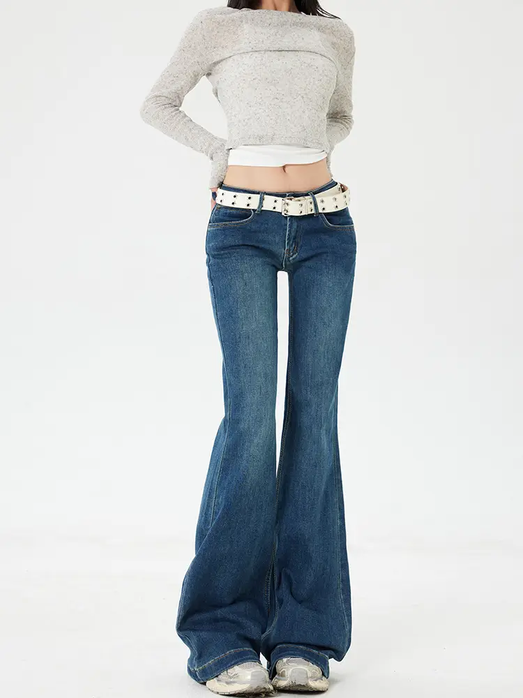 Dark Blue Flared Jeans for Women New Autumn Low Rise Slim Fit