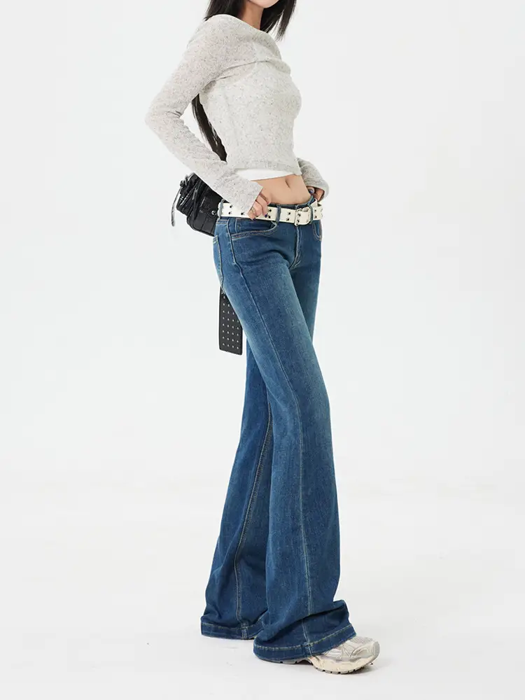 Dark Blue Flared Jeans for Women New Autumn Low Rise Slim Fit