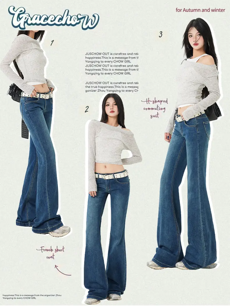 Dark Blue Flared Jeans for Women New Autumn Low Rise Slim Fit — feature 1