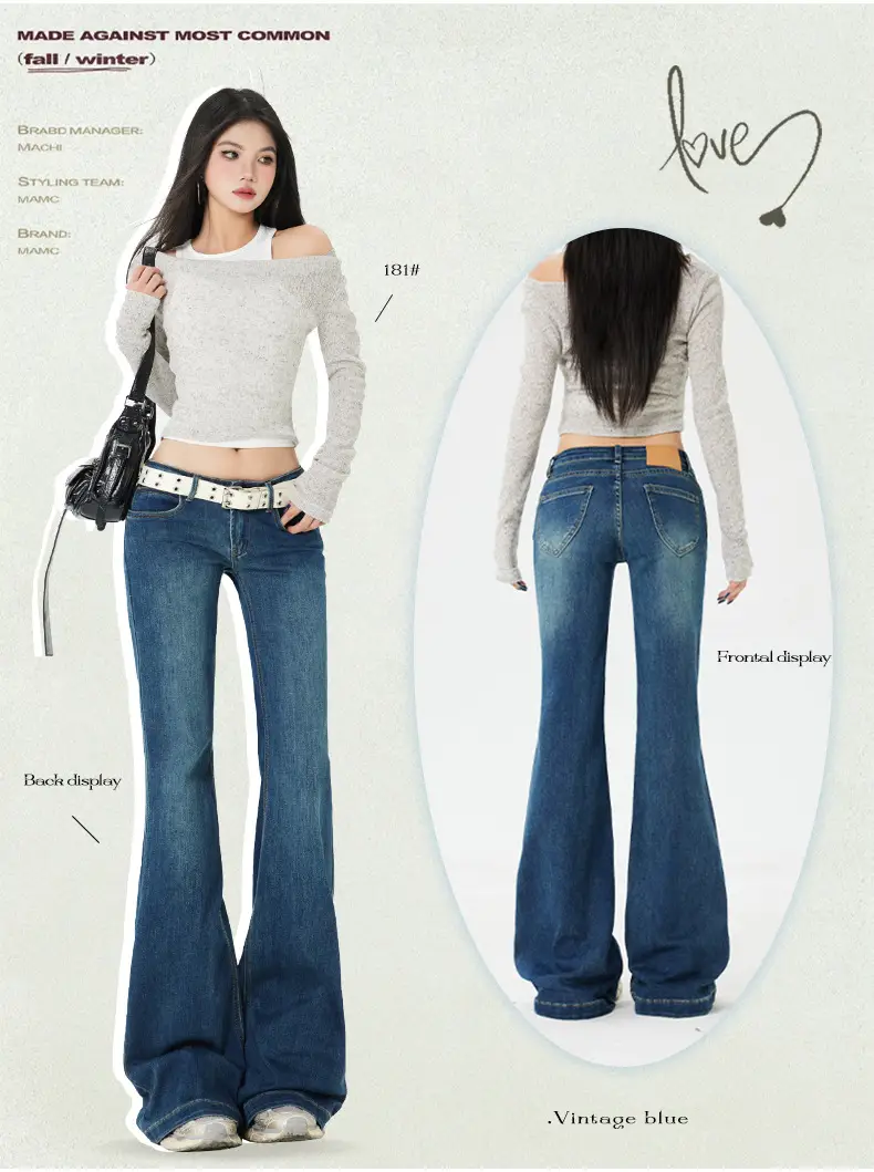 Dark Blue Flared Jeans for Women New Autumn Low Rise Slim Fit — feature 2