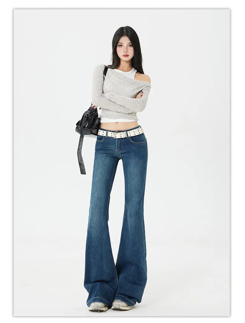 Dark Blue Flared Jeans for Women New Autumn Low Rise Slim Fit — feature 9