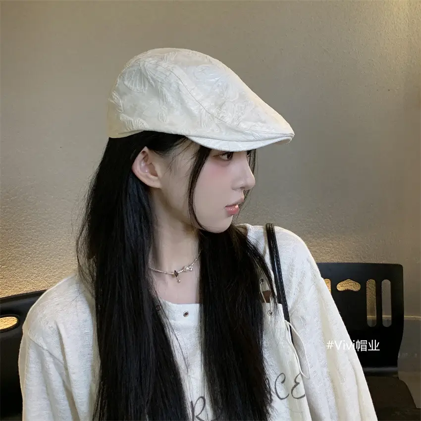 Women Retro Bow Print Hat Forward Spring Autumn Large Circumference - Image 5