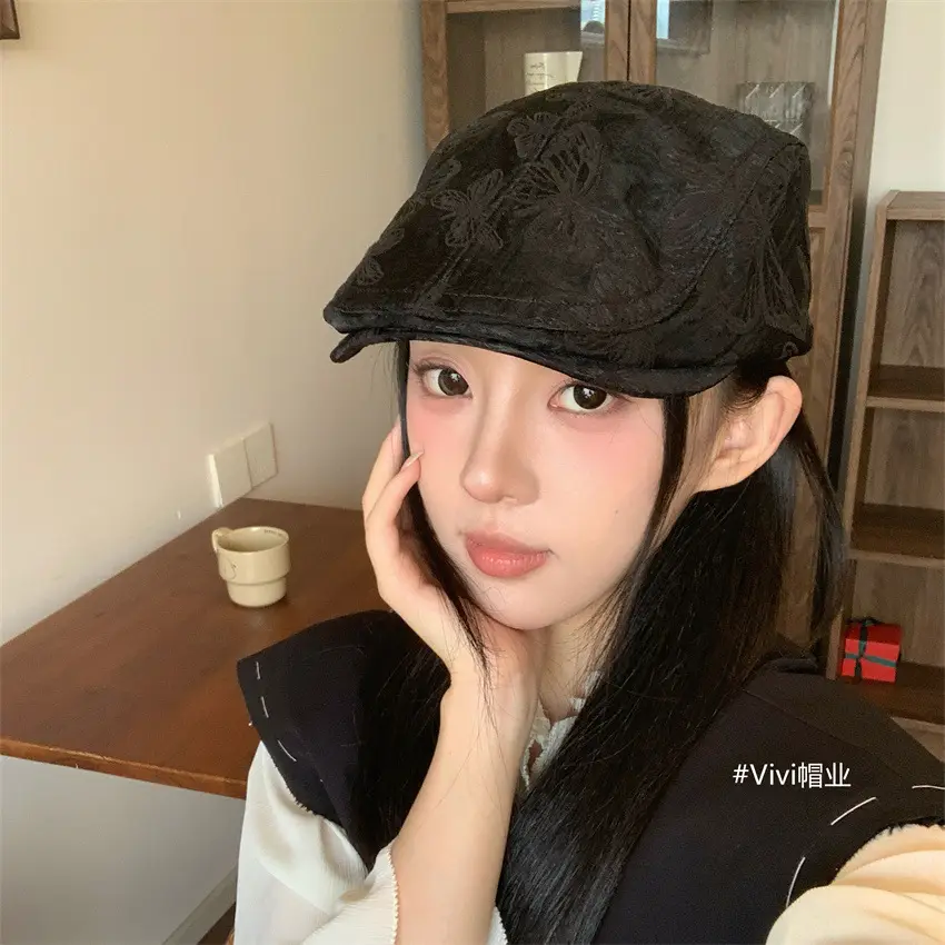 Women Retro Bow Print Hat Forward Spring Autumn Large Circumference - Image 6