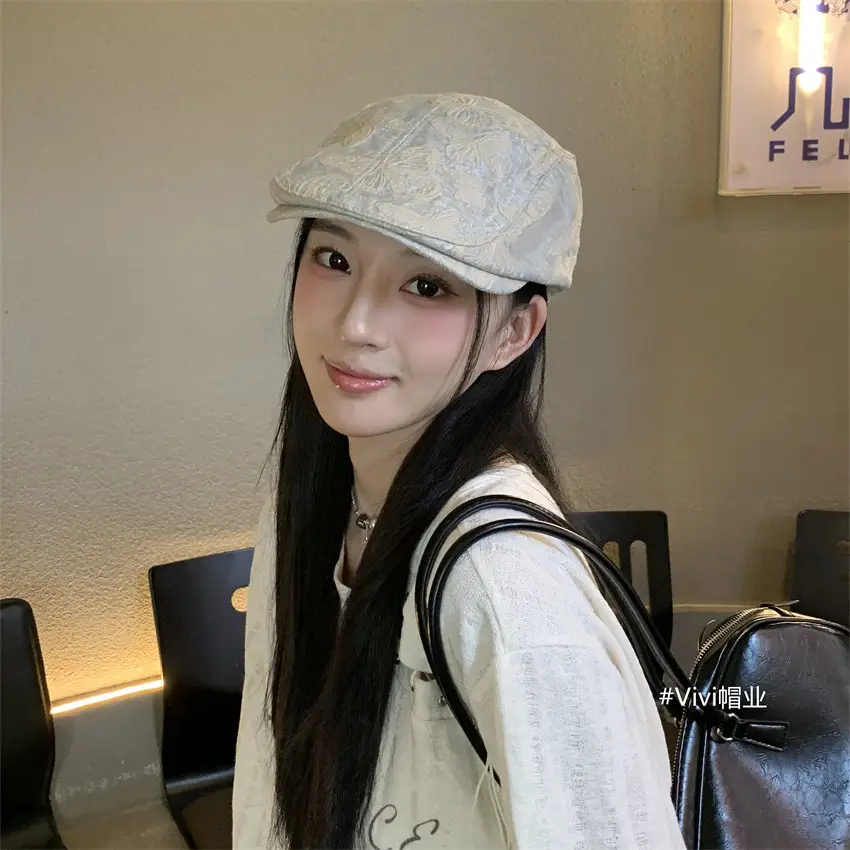 Women Retro Bow Print Hat Forward Spring Autumn Large Circumference - Image 3