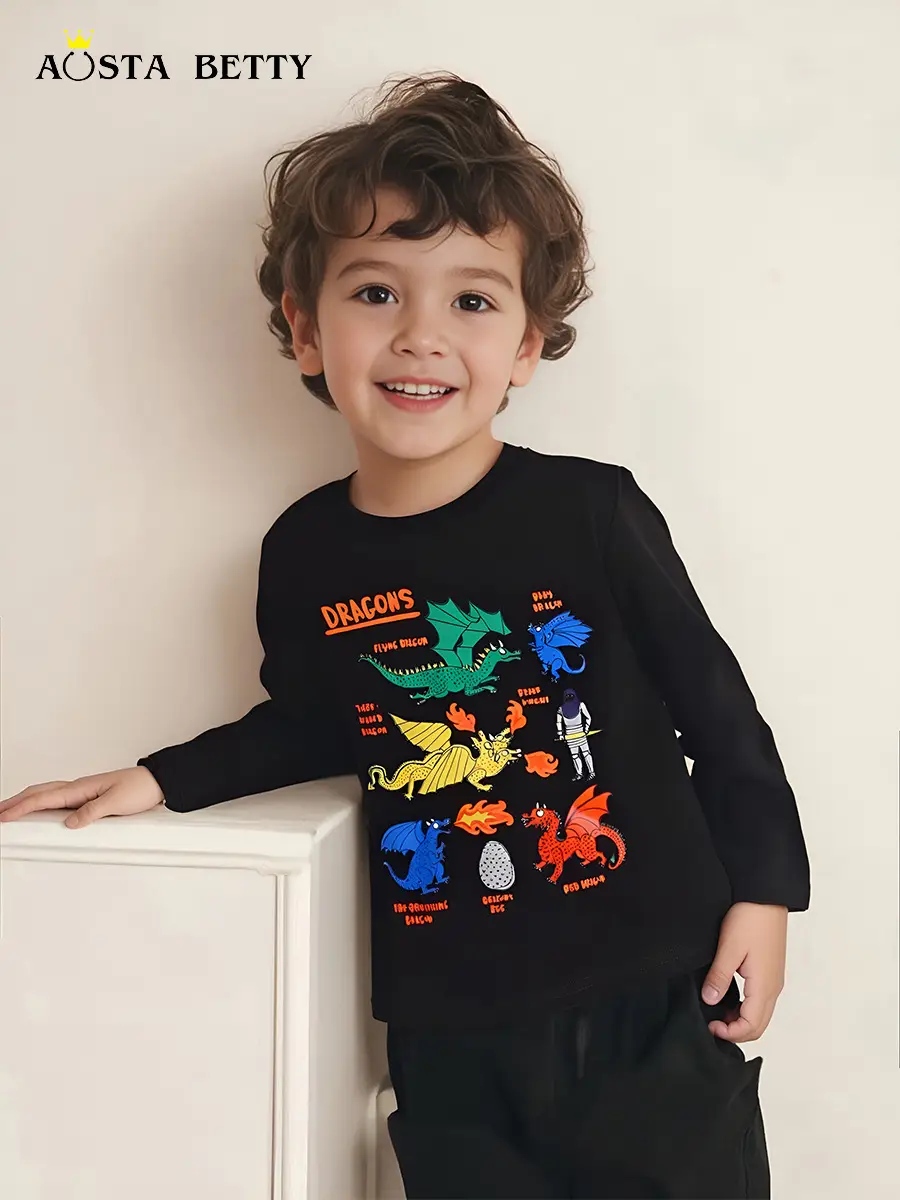 Dinosaur Print Boys Long Sleeve Cotton T-Shirt Black - Image 2