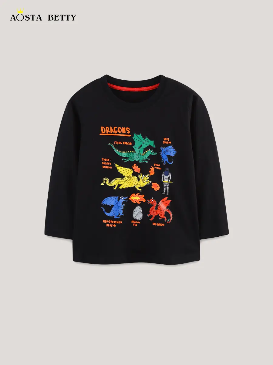 Dinosaur Print Boys Long Sleeve Cotton T-Shirt Black - Image 3