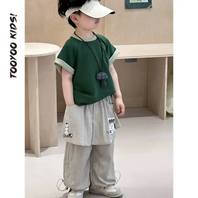 Kids Korean Short Sleeve T-Shirt Set Green Gray 2025 - Image 4