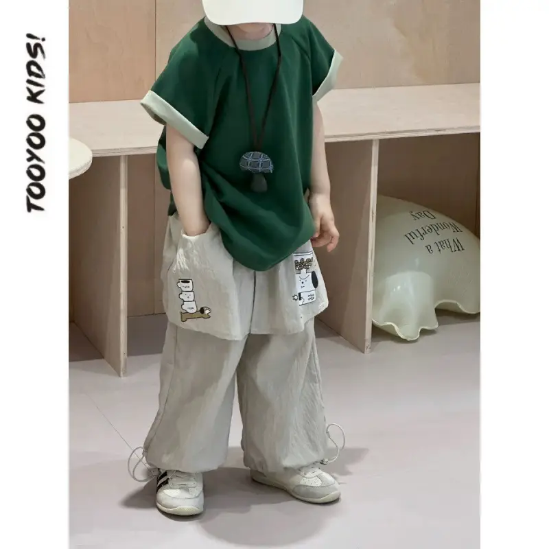 Kids Korean Short Sleeve T-Shirt Set Green Gray 2025 - Image 5