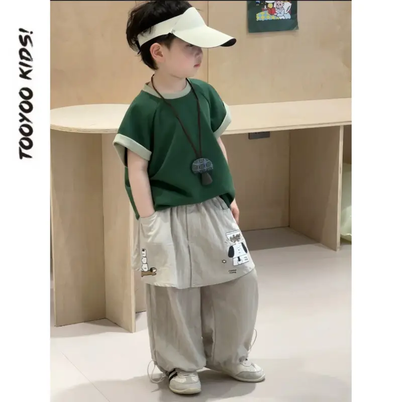 Kids Korean Short Sleeve T-Shirt Set Green Gray 2025 - Image 3