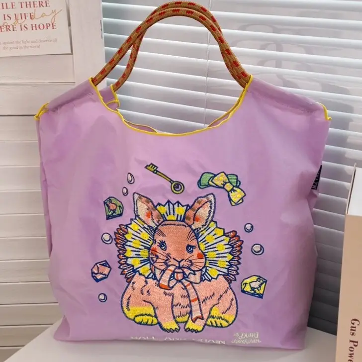 Women's Cartoon Print Shoulder Tote Bag Grey Pink