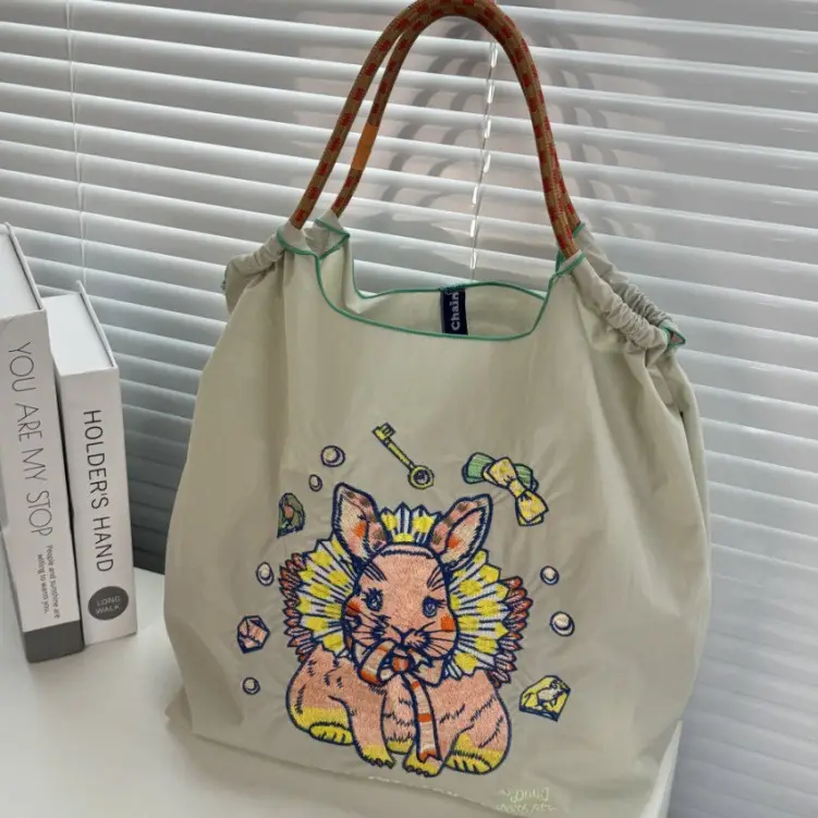 Women's Cartoon Print Shoulder Tote Bag Grey Pink