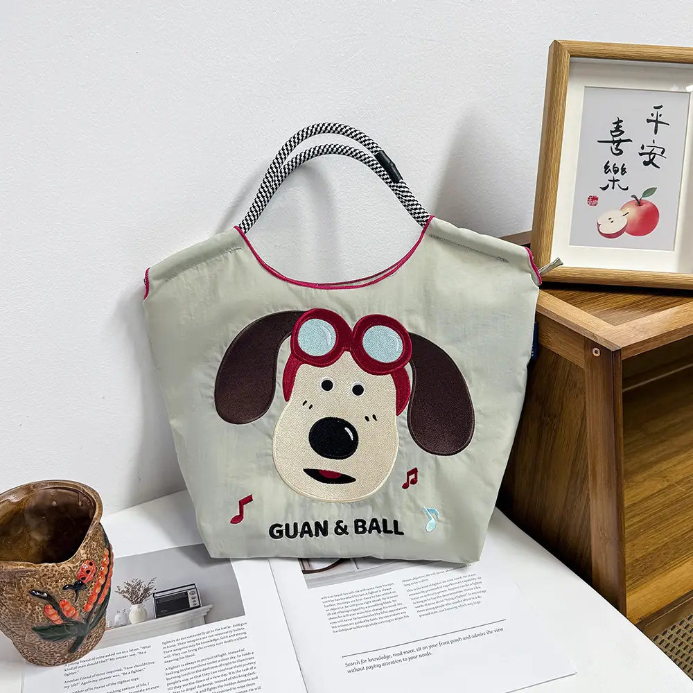 Women's Cartoon Print Shoulder Tote Bag Grey Pink