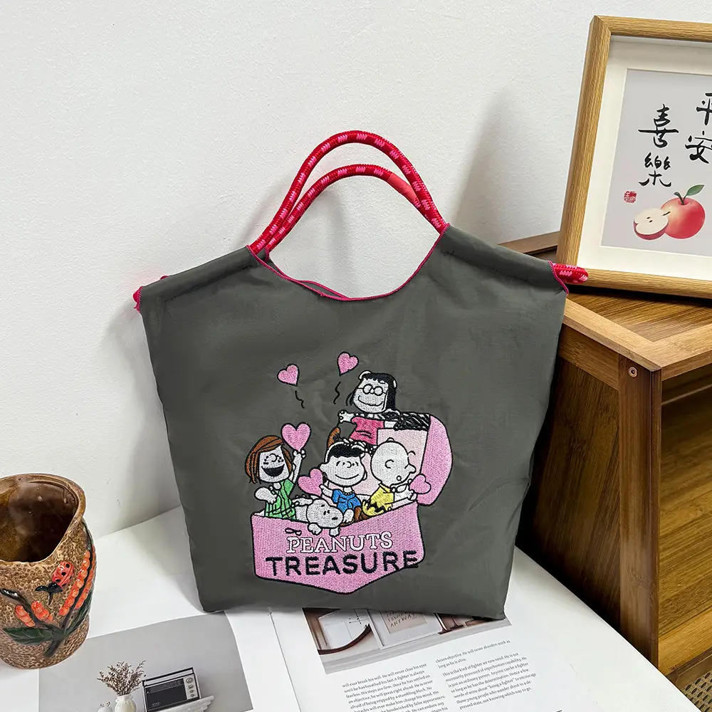 Women's Cartoon Print Shoulder Tote Bag Grey Pink