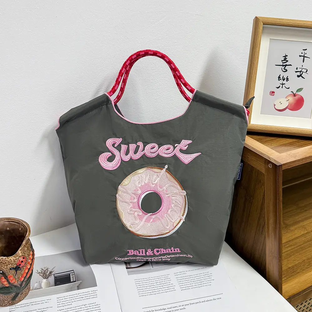 Women's Cartoon Print Shoulder Tote Bag Grey Pink