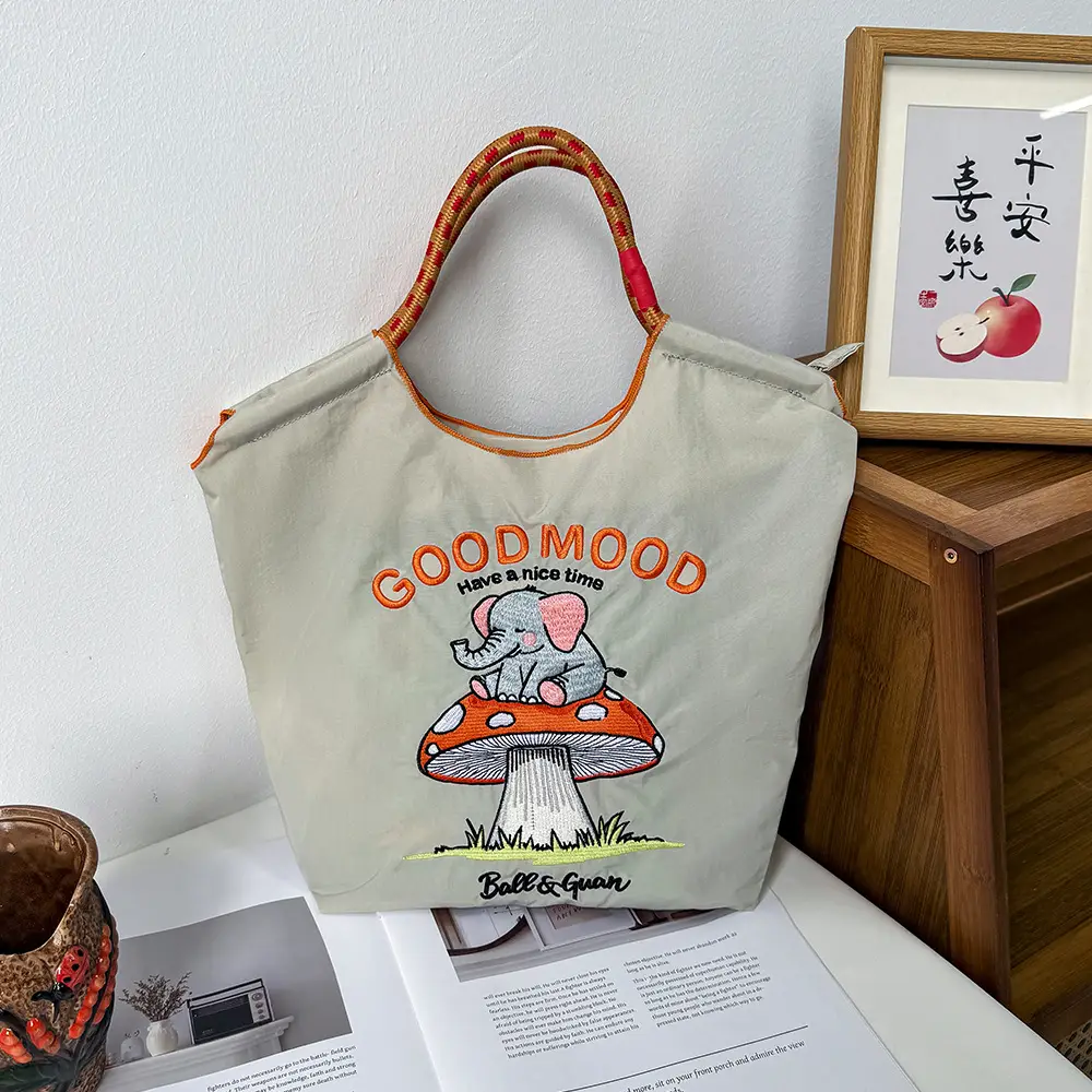 Women's Cartoon Print Shoulder Tote Bag Grey Pink