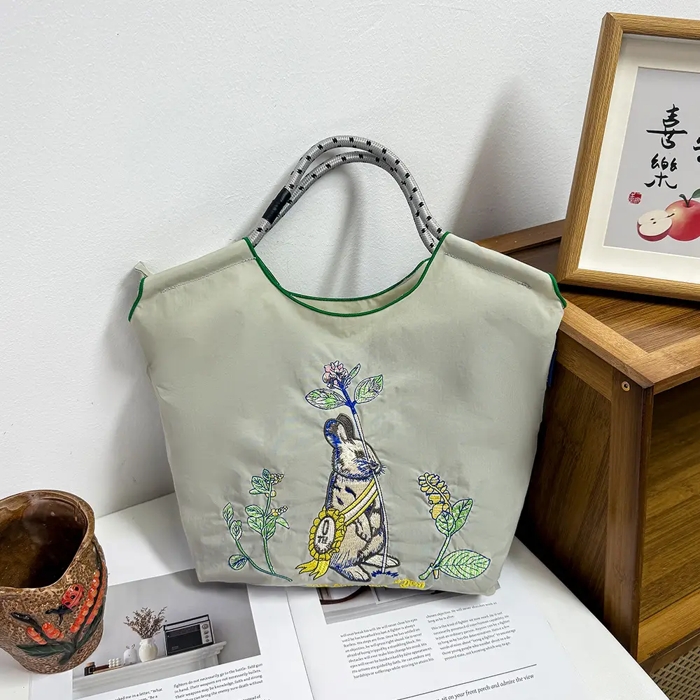 Women's Cartoon Print Shoulder Tote Bag Grey Pink