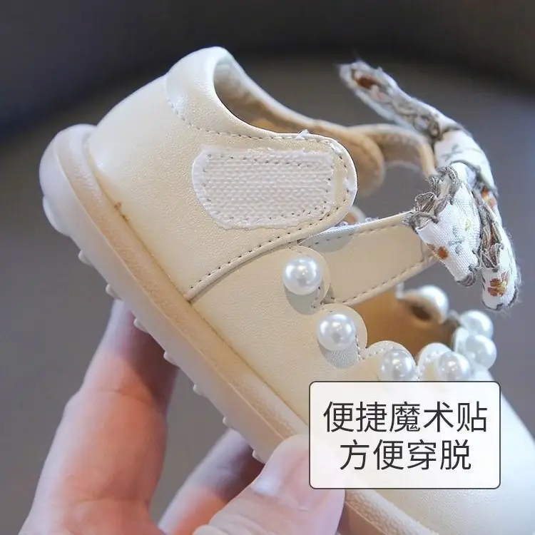 Girls Leather Princess Flats with Pearl Decor