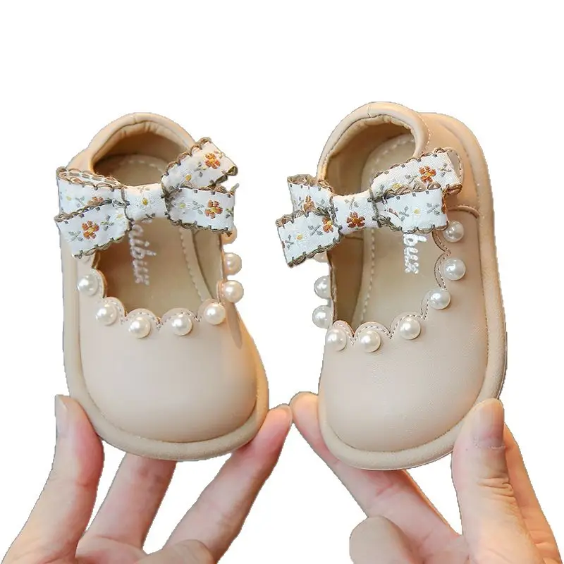 Girls Leather Princess Flats with Pearl Decor