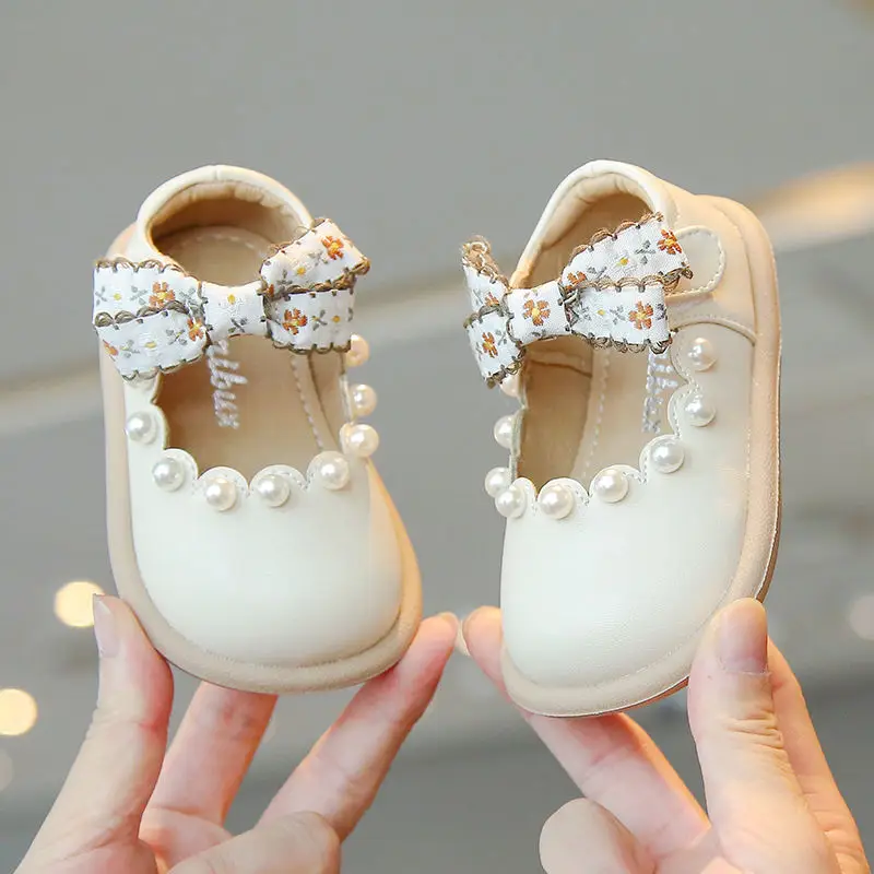 Girls Leather Princess Flats with Pearl Decor